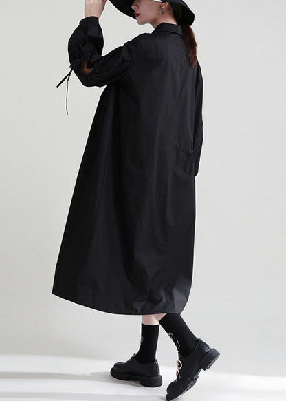 Black Asymmetrical Cinched Cotton Dresses Fall