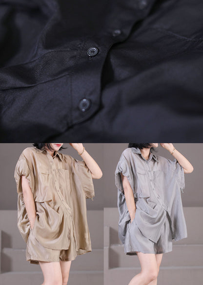 Black Asymmetrical Design Button Silk Shirts and Shorts Two Piece Suit Set Summer