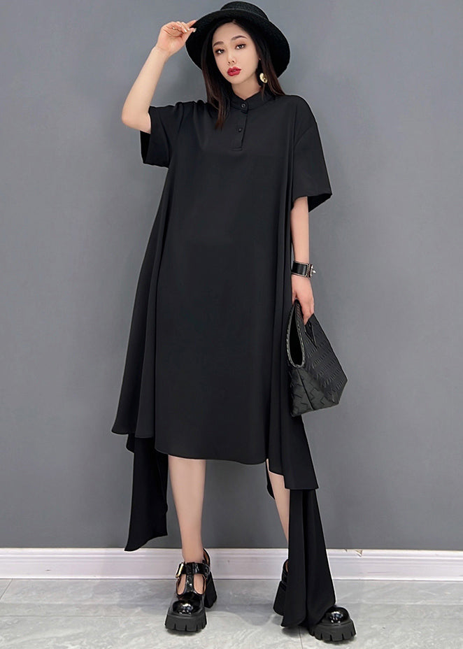 Black Asymmetrical Design Chiffon Long Dresses Short Sleeve