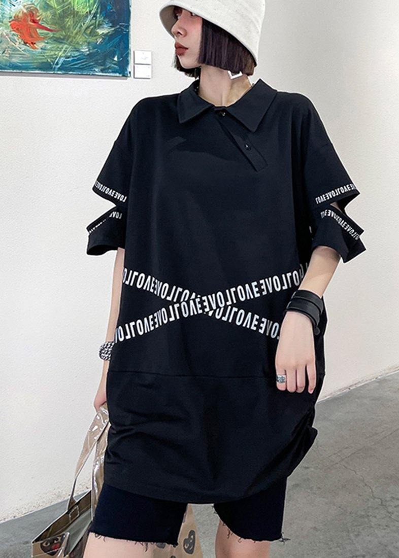 Black Asymmetrical Design Graphic Cotton Summer Holiday Dress