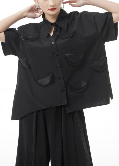 Black Asymmetrical Design Shirt Top Short Sleeve