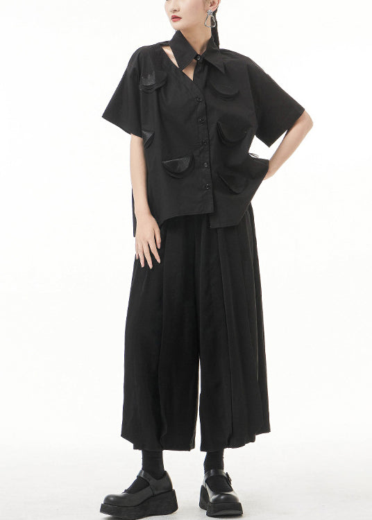 Black Asymmetrical Design Shirt Top Short Sleeve
