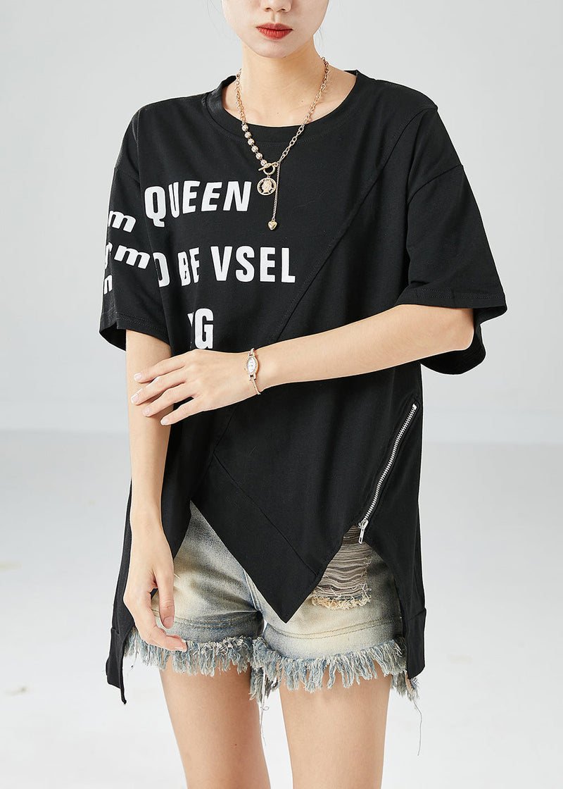 Black Asymmetrical Letter Print Cotton Tanks Summer