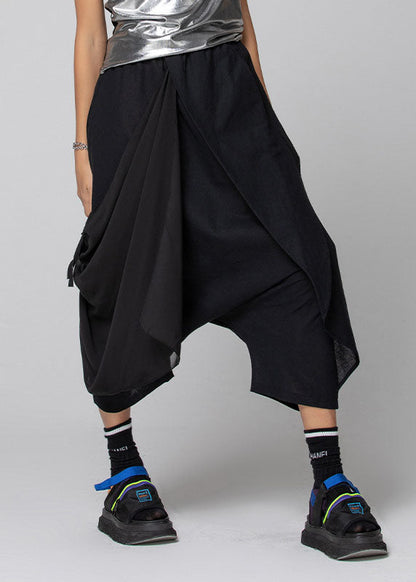 Black Asymmetrical Patchwork Chiffon Crop Pants Spring