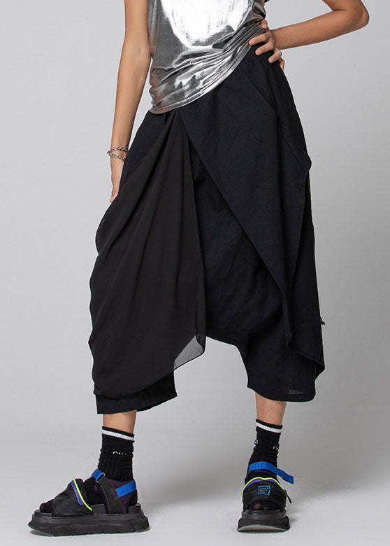 Black Asymmetrical Patchwork Chiffon Crop Pants Spring