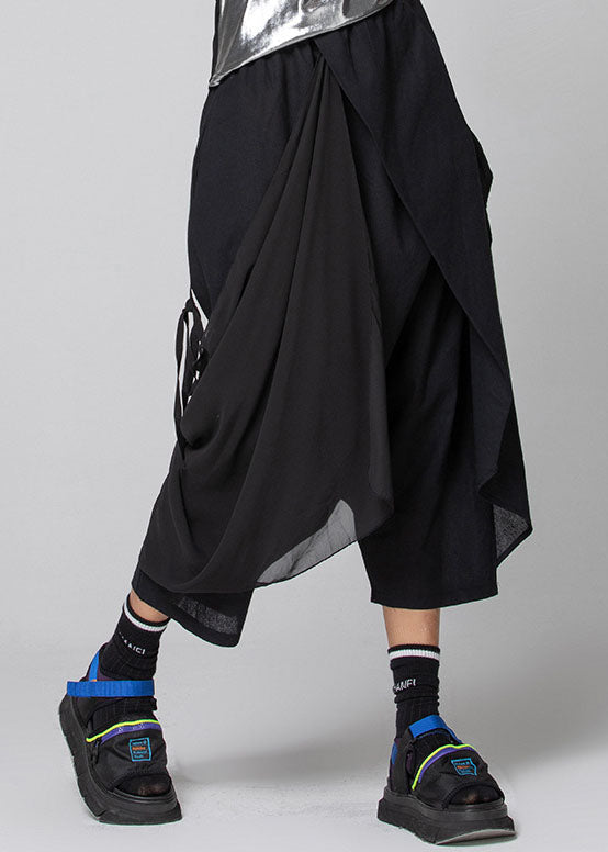 Black Asymmetrical Patchwork Chiffon Crop Pants Spring