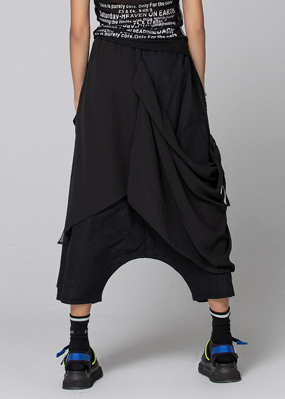 Black Asymmetrical Patchwork Chiffon Crop Pants Spring