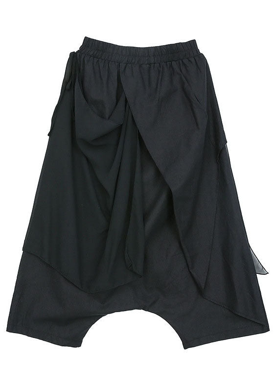 Black Asymmetrical Patchwork Chiffon Crop Pants Spring