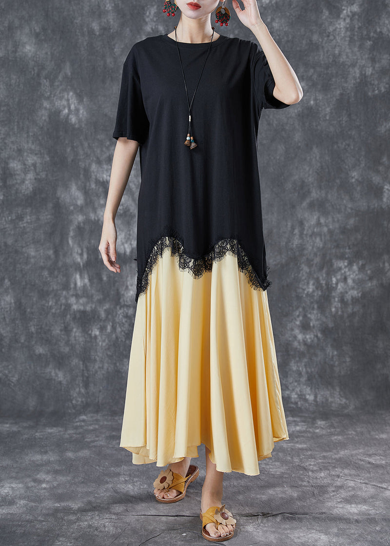 Black Asymmetrical Patchwork Cotton Fake Two Piece Dresses Summer