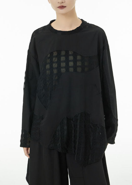 Black Asymmetrical Patchwork Cotton Top Spring
