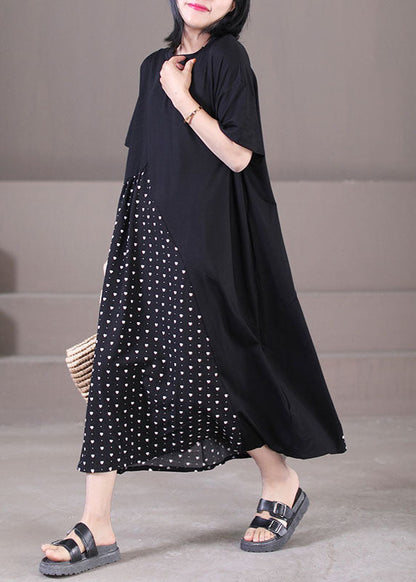 Black Asymmetrical Patchwork Wrinkled Print Cotton Maxi Dress Short Sleeve