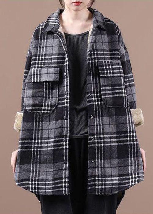 Black Asymmetrical Plaid Fleece Wool Lined Coats Winter