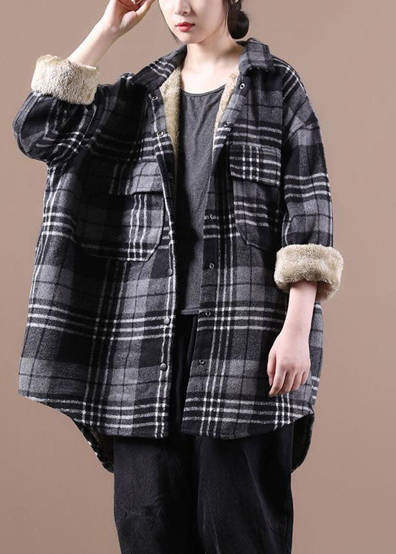 Black Asymmetrical Plaid Fleece Wool Lined Coats Winter