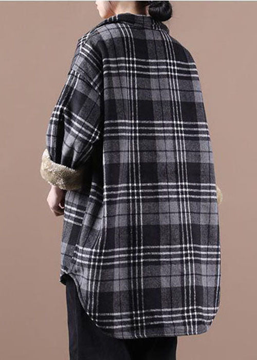 Black Asymmetrical Plaid Fleece Wool Lined Coats Winter