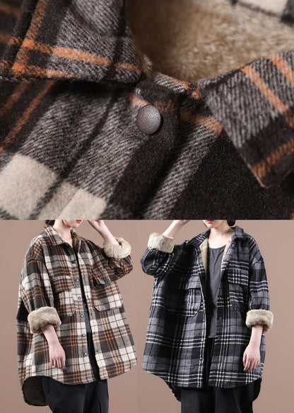 Black Asymmetrical Plaid Fleece Wool Lined Coats Winter