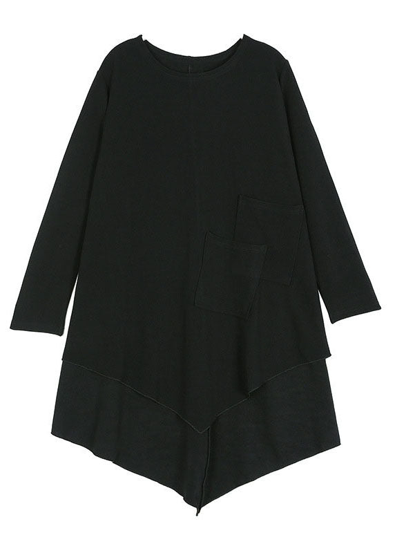Black Asymmetrical Pockets Cotton Shirt Spring