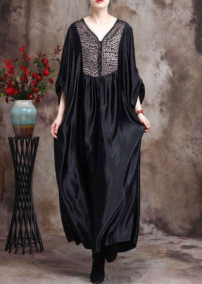 Black Asymmetrical Print Silk Ankle Dress Spring
