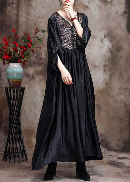 Black Asymmetrical Print Silk Ankle Dress Spring