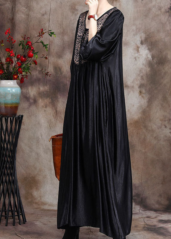 Black Asymmetrical Print Silk Ankle Dress Spring