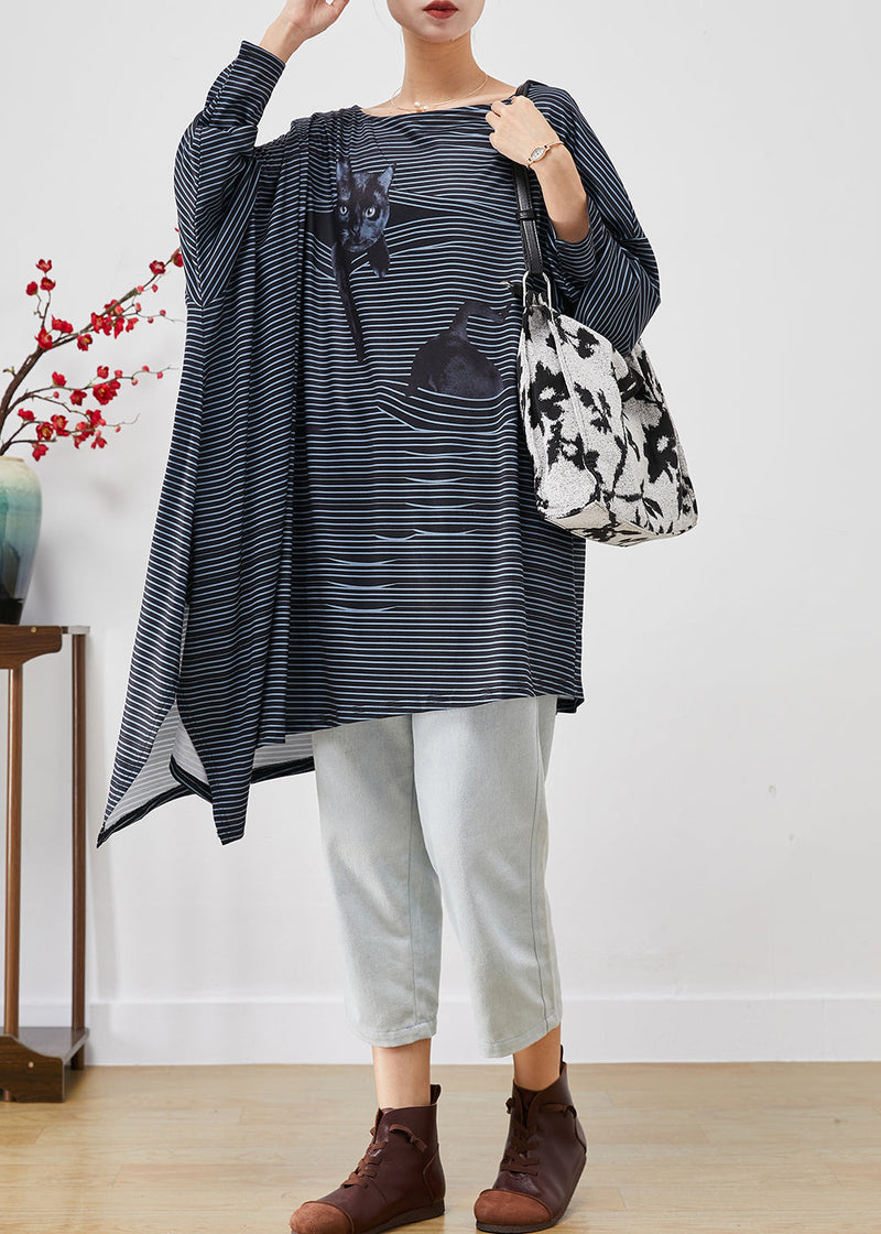 Black Asymmetrical Striped Cotton Blouses Fall