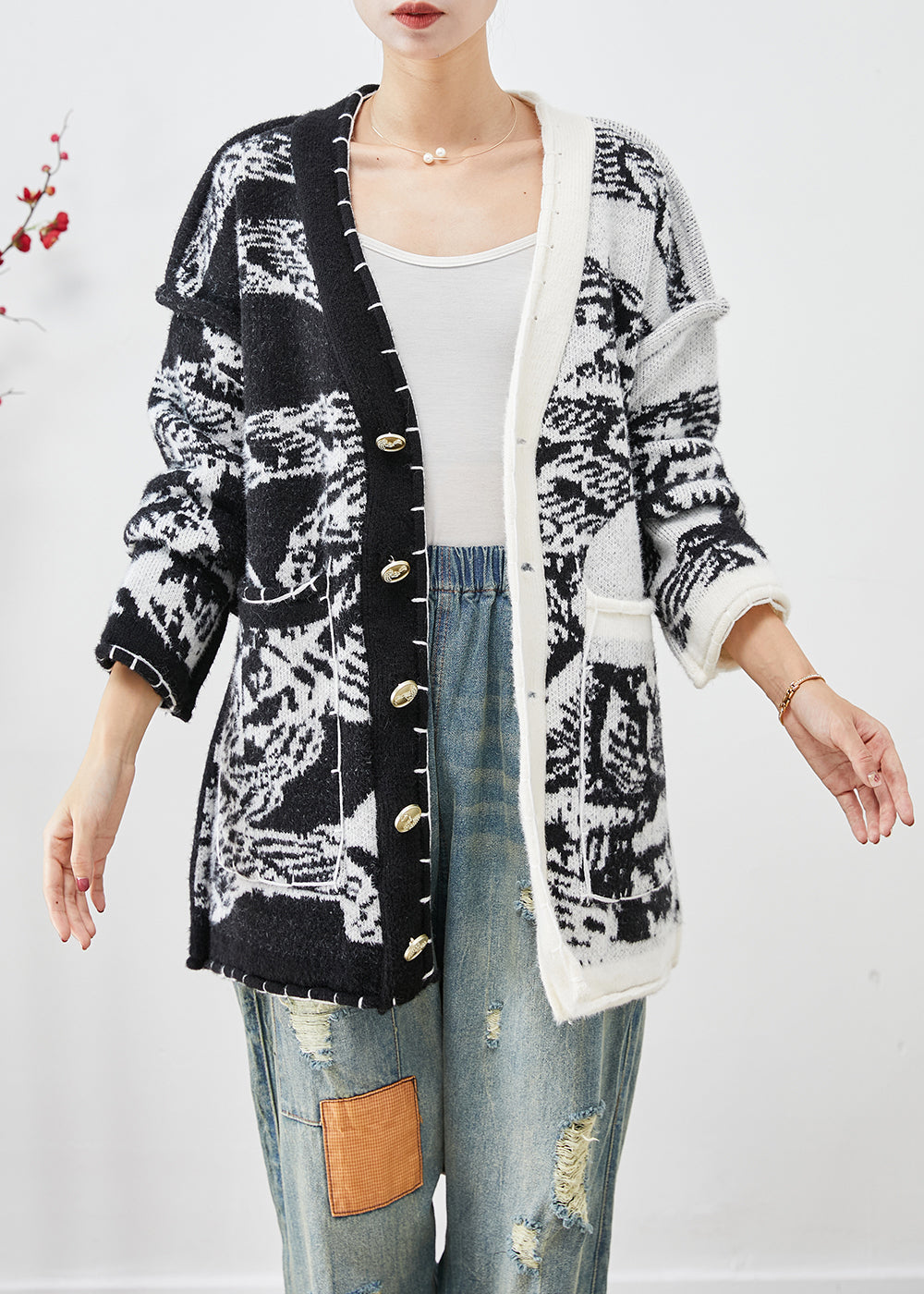 Black Asymmetrical Tie Dye Knit Cardigans Fall