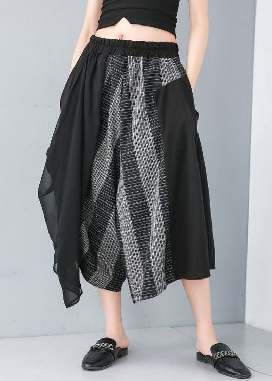 Black Asymmetrical Design Elastic Waist Wide Leg Pants Summer
