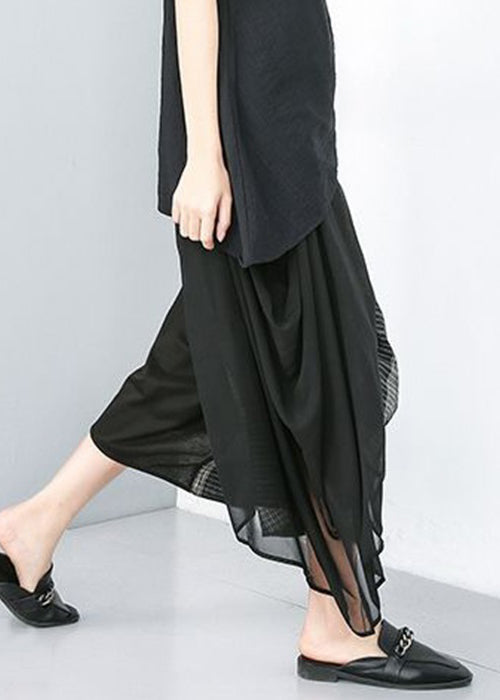 Black Asymmetrical Design Elastic Waist Wide Leg Pants Summer