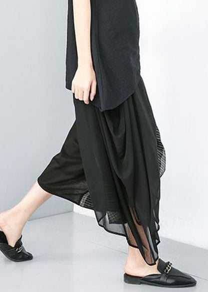 Black Asymmetrical Design Elastic Waist Wide Leg Pants Summer