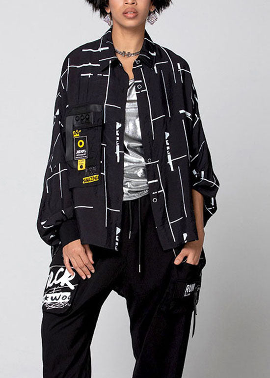 Black Asymmetrical Print Patchwork Shirts Spring