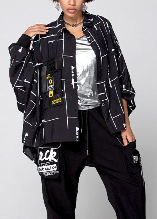 Black Asymmetrical Print Patchwork Shirts Spring