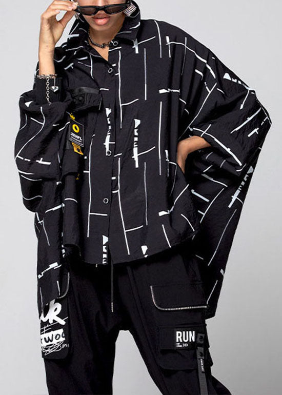 Black Asymmetrical Print Patchwork Shirts Spring