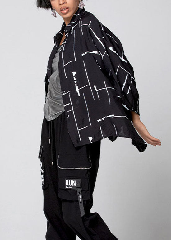 Black Asymmetrical Print Patchwork Shirts Spring