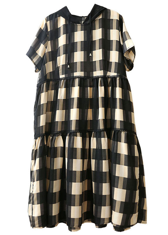 Black Beige Plaid Drawstring Hooded Patchwork Cotton Pullover Dress Short Sleeve