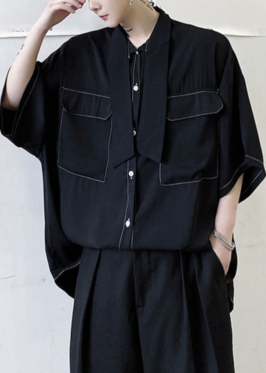 Black Bow Pockets Cotton Shirts Half Sleeve