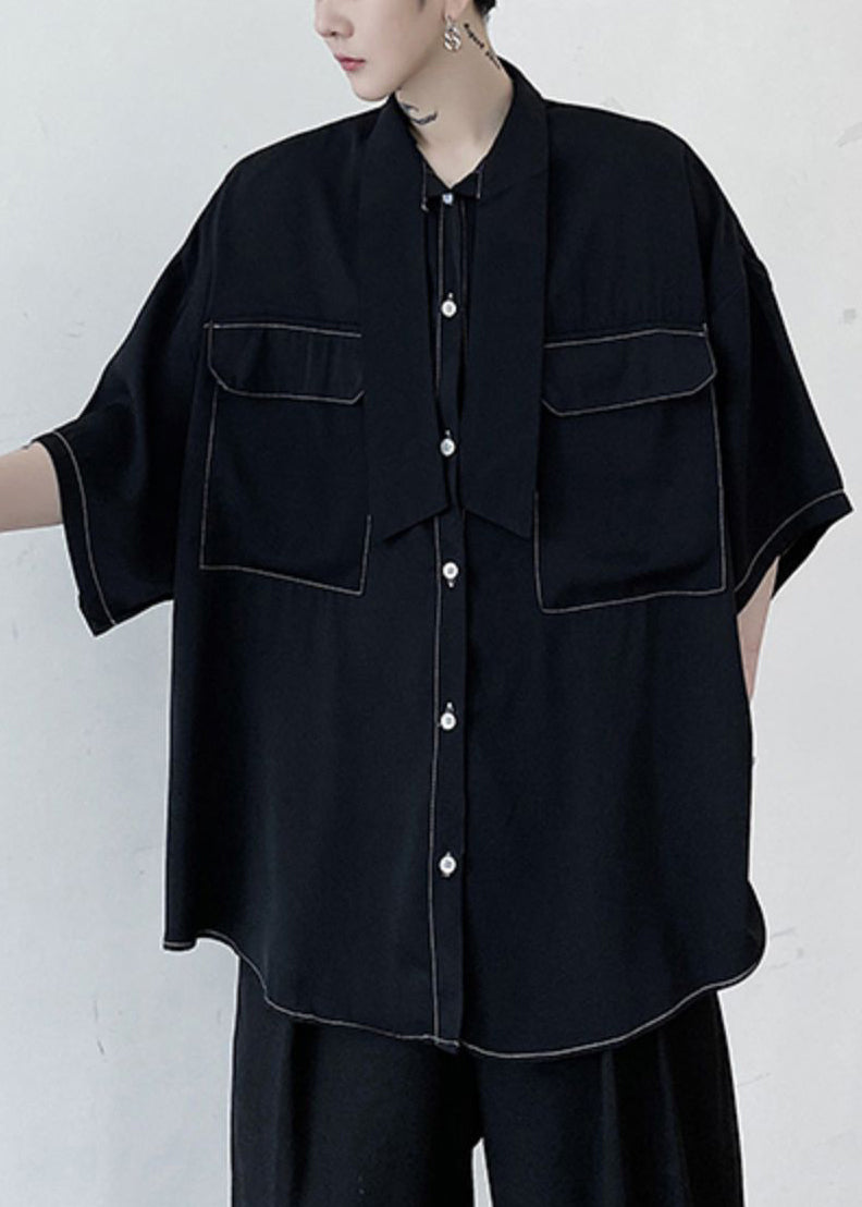 Black Bow Pockets Cotton Shirts Half Sleeve