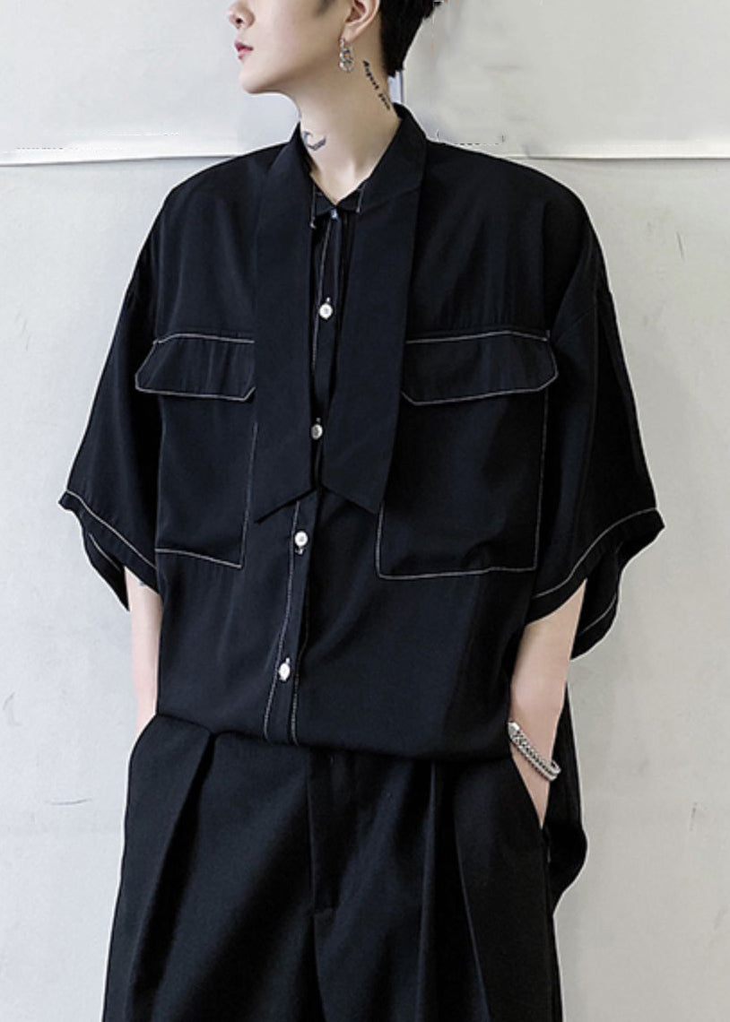 Black Bow Pockets Cotton Shirts Half Sleeve