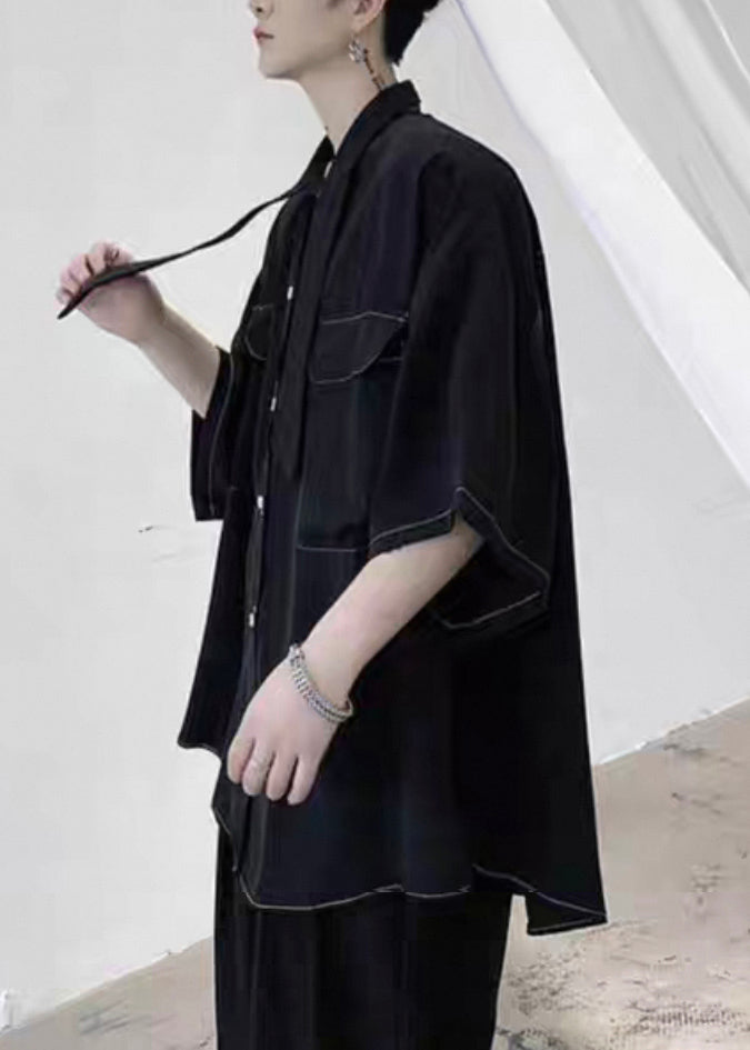Black Bow Pockets Cotton Shirts Half Sleeve