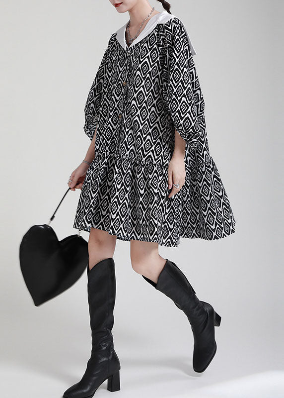Black Button Patchwork Asymmetrical Design Puff Sleeve Fall Dresses