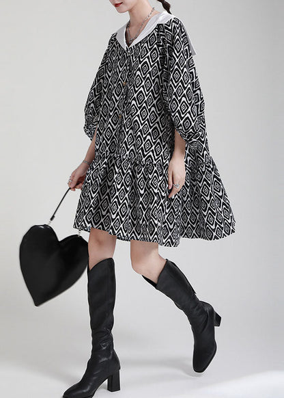 Black Button Patchwork Asymmetrical Design Puff Sleeve Fall Dresses