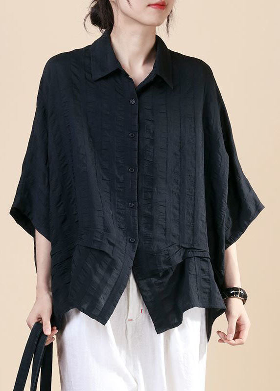 Black Button Peter Pan Collar Shirt Top Batwing Sleeve