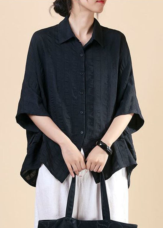 Black Button Peter Pan Collar Shirt Top Batwing Sleeve