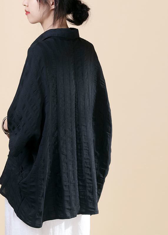 Black Button Peter Pan Collar Shirt Top Batwing Sleeve