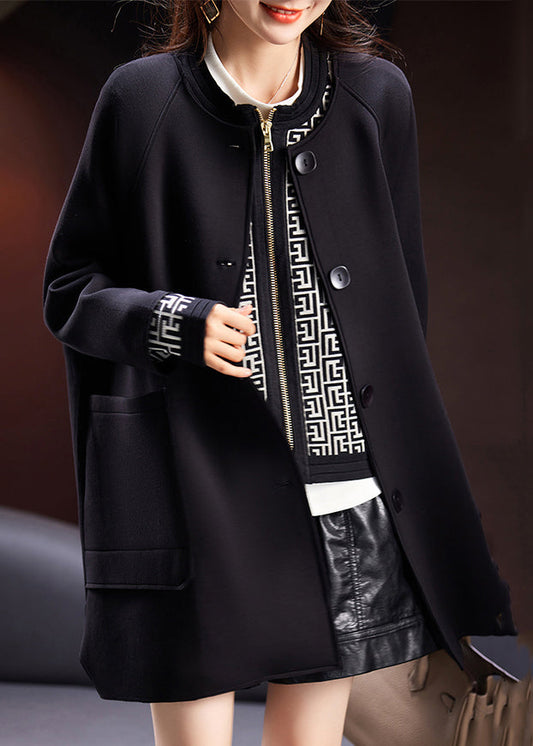 Black Button Pockets Cotton Coats Long Sleeve