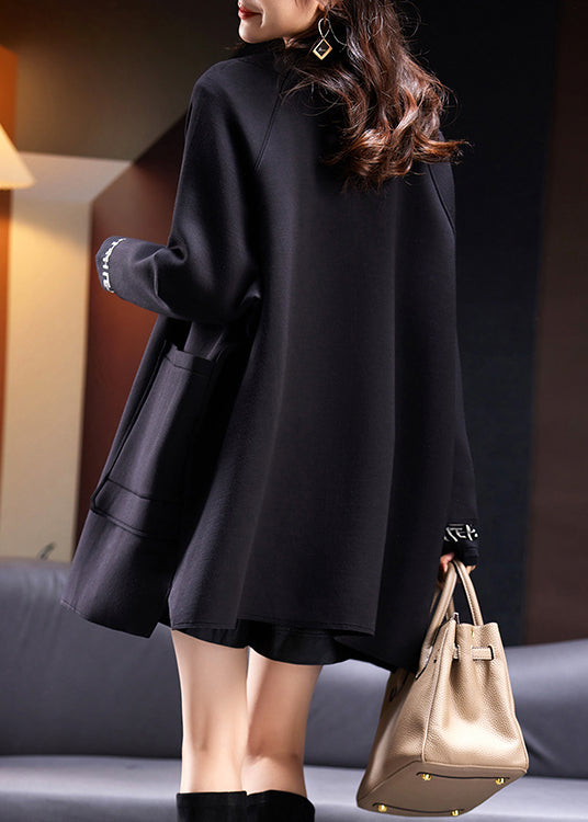 Black Button Pockets Cotton Coats Long Sleeve