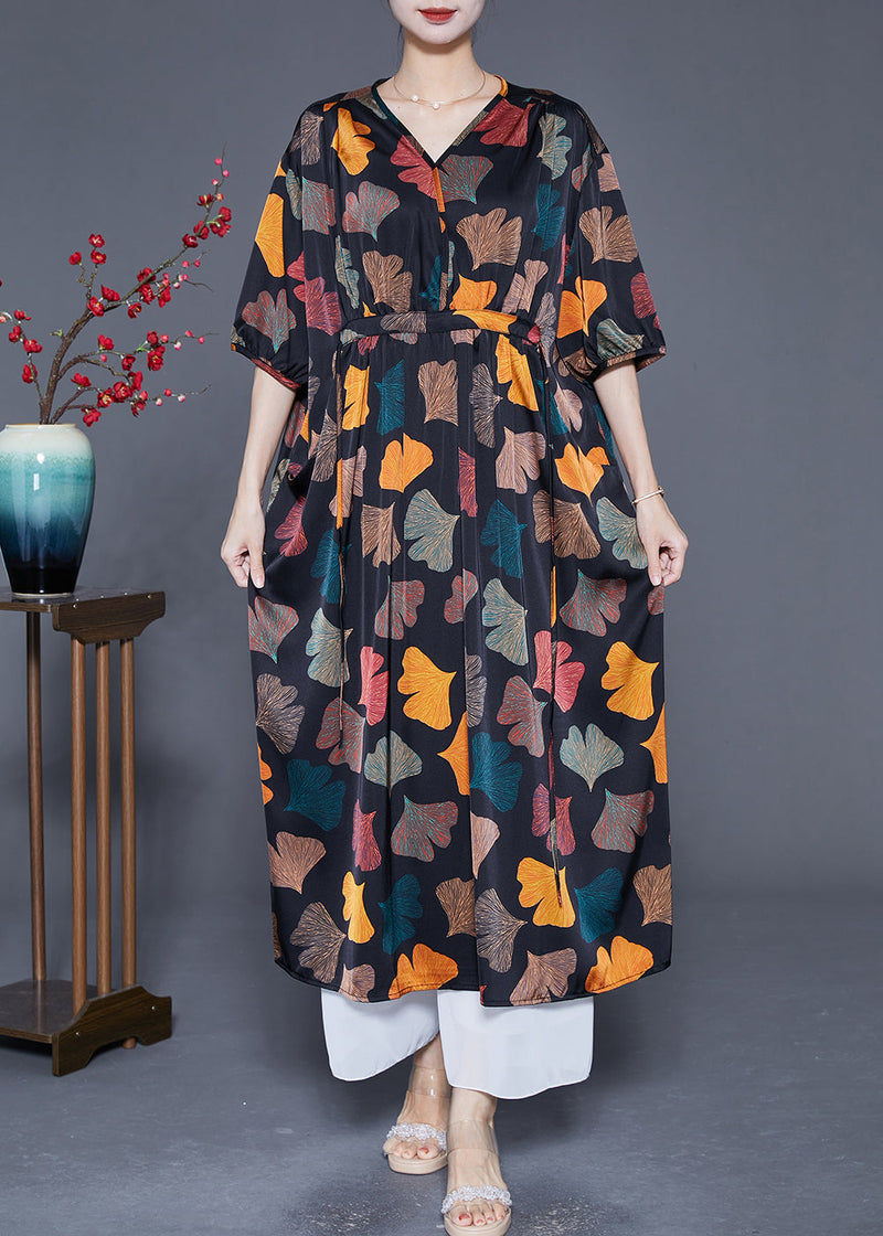 Black Cinched Leaf Print Silk Long Dress Summer