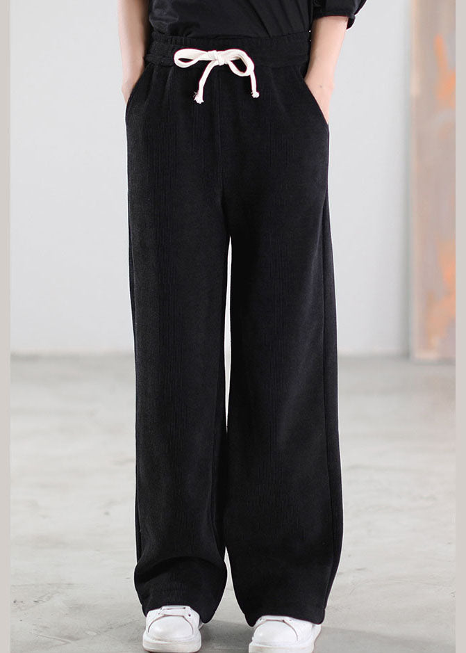 Black Cinched Pockets Corduroy Pants Winter