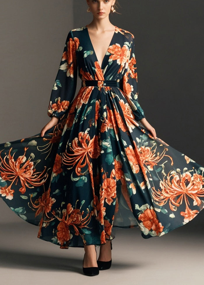 Black Cinched Print Chiffon Party Dress Spring