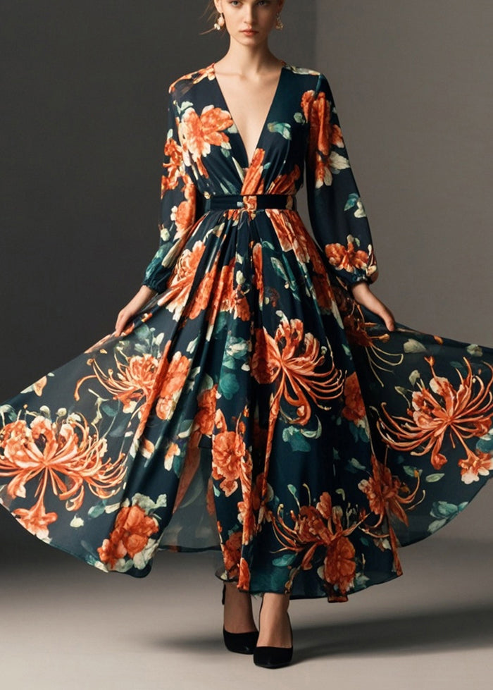 Black Cinched Print Chiffon Party Dress Spring
