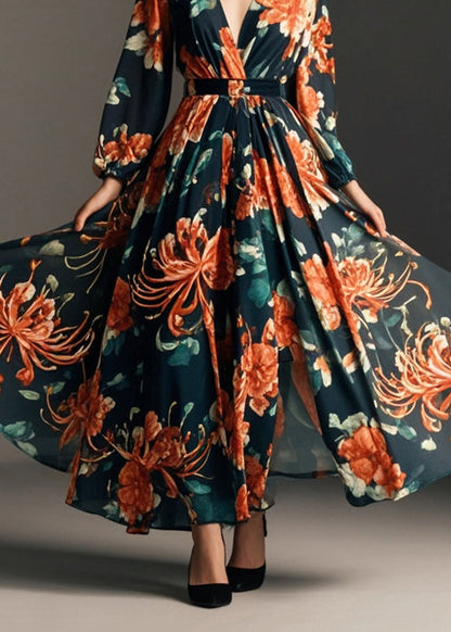 Black Cinched Print Chiffon Party Dress Spring