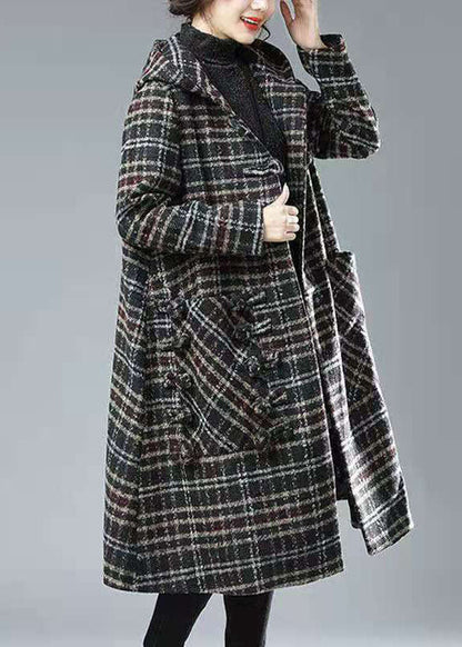Black Chocolate Plaid Hooded Pockets Thick Woolen Trench Winter